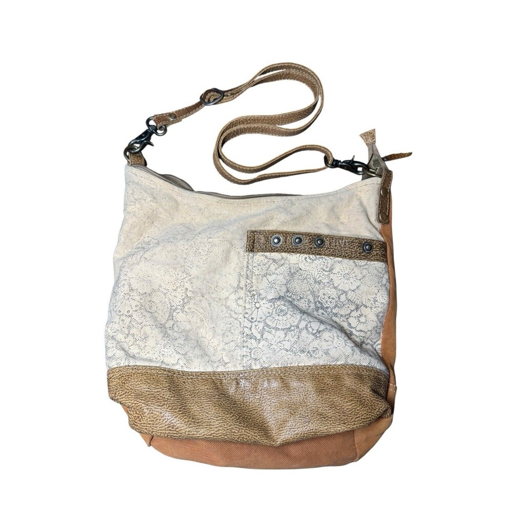 Myra Bag Woven Upcycled Canvas & Leather Shoulder Brown White Floral Bag Purse